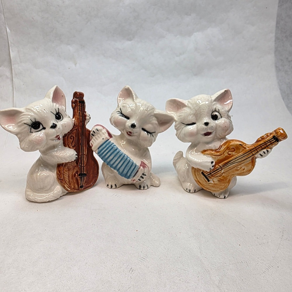 Vintage Anthropomorphic Cats Playing Instruments Trio Set Japan Ceramic Kitsch